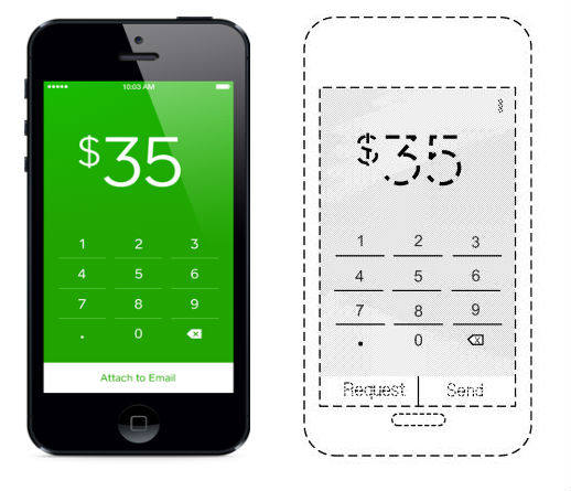 Square 앱 구동화면과 GUI 디자인 특허 : D769274